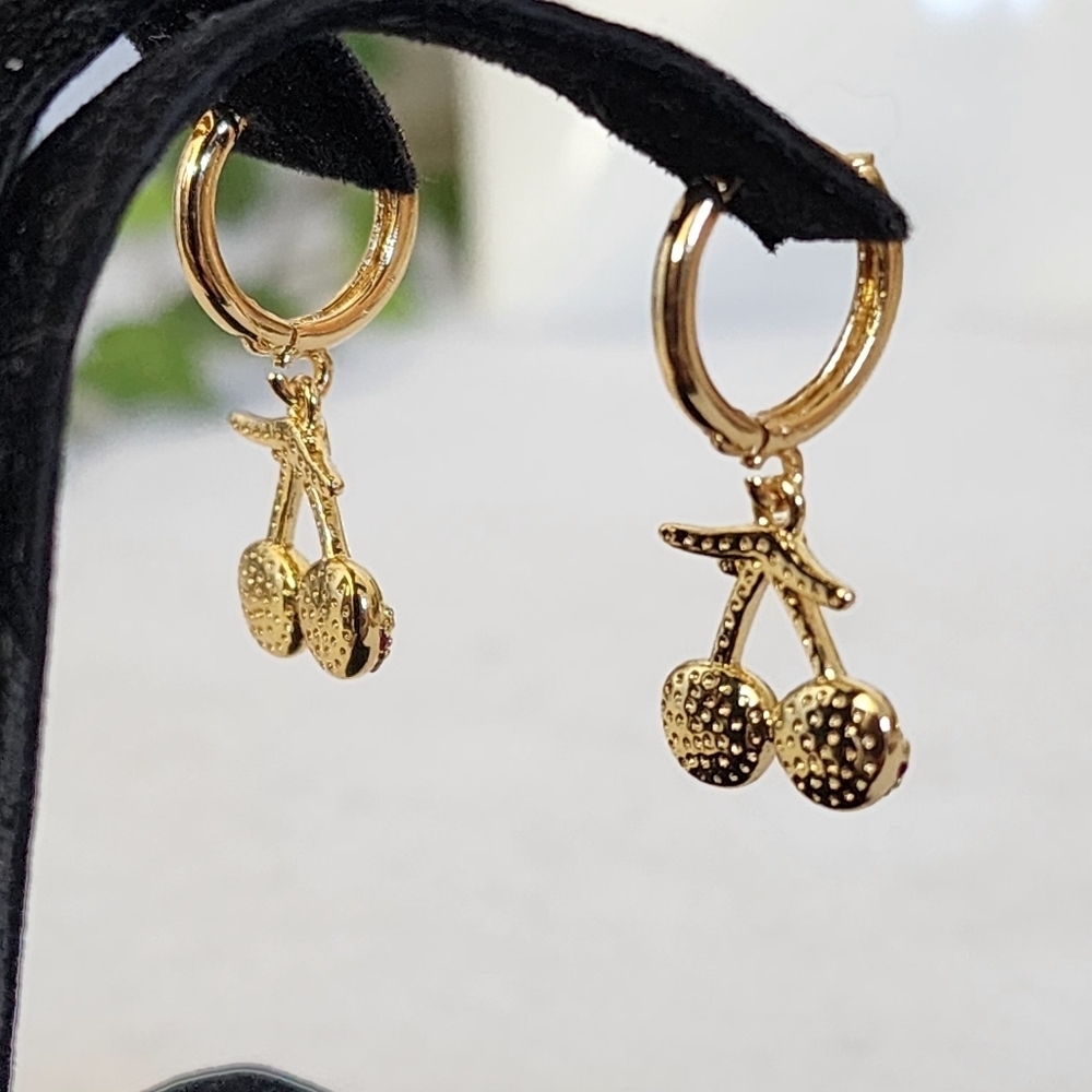 Gold Cherry Dangle Huggie Hoop Earrings - Picture 8 of 8
